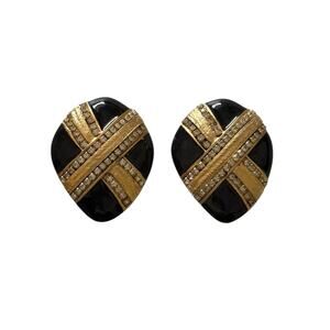 St.John Gold Plated Black Enamel Crystal X Earrings Vintage